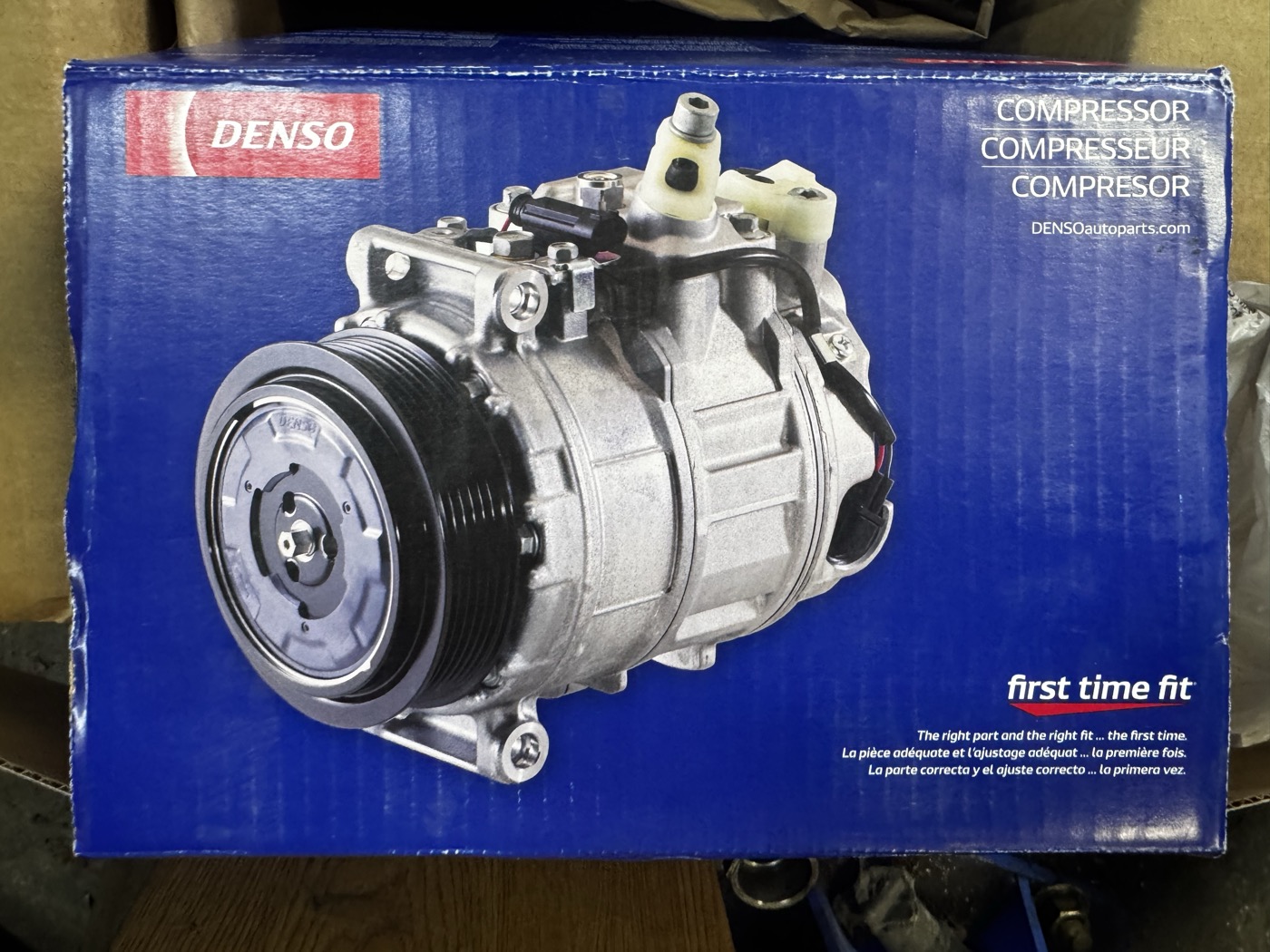 DENSO First Time Fit OEM AC Compressor in box — genuine OEM part used for the 2005 Lexus SC 430 AC repair at BR Prestige Auto Atlanta